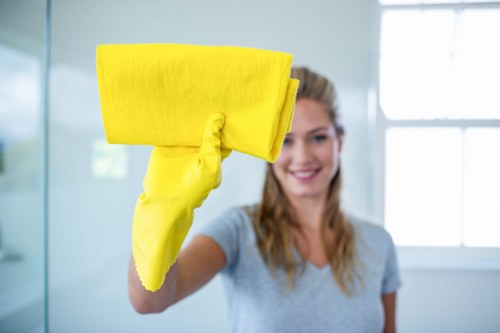 Staff member handling cleaning materials with care and correct protection
