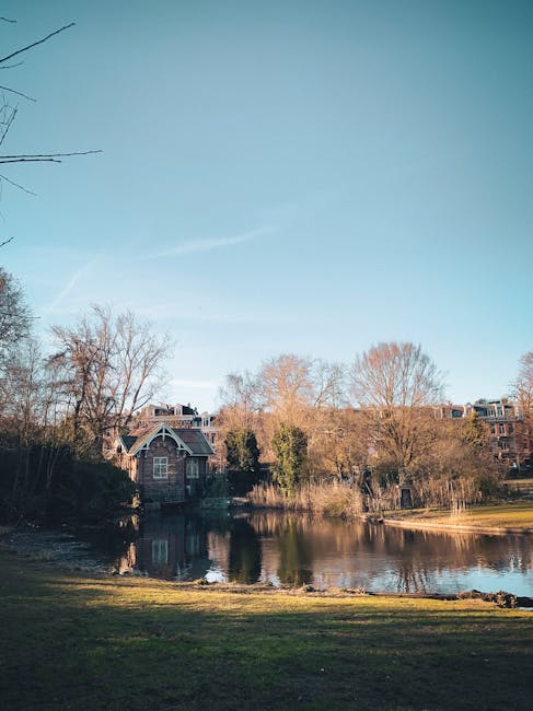 An outdoor scene of a tranquil residential area featuring a calm lake or pond with clear, reflective water. Surrounding the water are grassy banks and a variety of trees, some with bare branches and others with sparse leaves, indicating a late autumn or early winter setting. In the background, there are several multi-story houses with brick and stone facades, large windows, and sloped roofs. The sky is bright and mostly clear with a few wispy clouds. The overall scene presents a clean and peaceful environment, emphasizing outdoor natural surfaces and the maintenance of the surrounding greenery. This image aligns with the cleaning and maintenance focus of Holland Park Cleaners' services, illustrating the importance of outdoor hygiene and upkeep for residential areas.