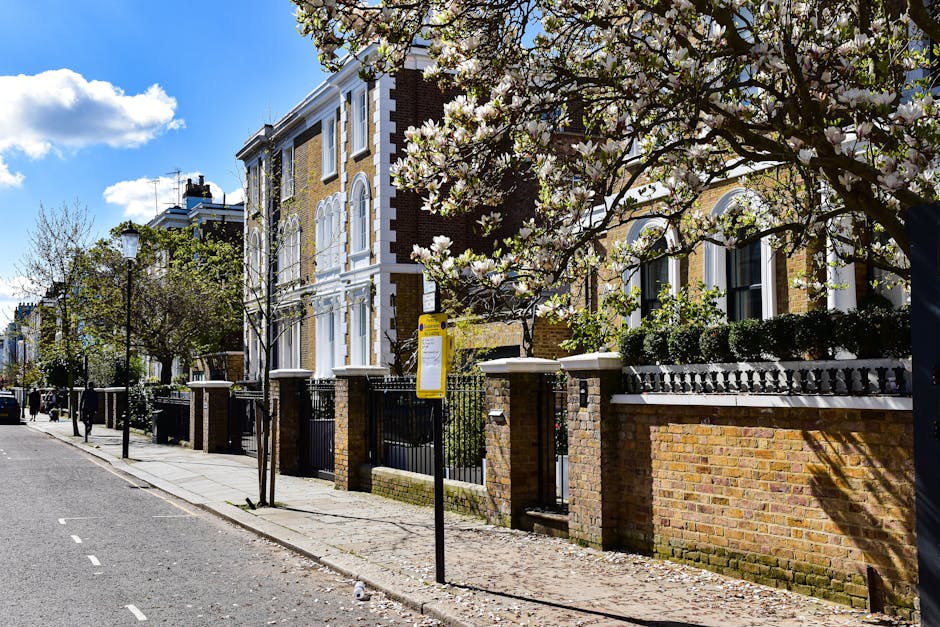 A residential street scene on Holland Park Road featuring a row of Victorian-style houses with brick facades, white window frames, and decorative architectural details. The sidewalk is lined with newly blossomed trees with white flowers, contrasting against the bright blue sky with scattered clouds. The area is well-maintained, with black iron fencing bordering the properties and paved footpaths. The sunlight casts shadows from the trees onto the pavement, and a streetlamp is visible along the curb. The scene depicts a peaceful, tidy neighbourhood emphasizing cleanliness and heritage architecture, aligning with the themes of surface cleaning and maintenance from the deep cleaning guide for Holland Park Road homes, as promoted by Holland Park Cleaners.