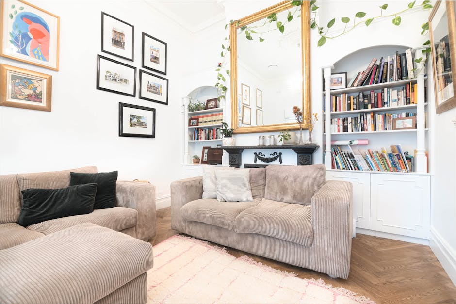 A bright living room with white walls decorated with a collection of framed artwork arranged in a gallery style. The room features two beige sofas with textured fabric, one with dark green and black cushions, and the other with light-colored cushions. A large, ornate gold mirror hangs above a black mantelpiece that supports small potted plants and decorative items. To the right, a white built-in bookcase filled with books and a few decorative objects is visible. The room has hardwood flooring with a light, soft pink area rug partially visible. Natural light illuminates the space, highlighting the clean and tidy appearance suitable for domestic surface and deep cleaning offered by Holland Park Cleaners.